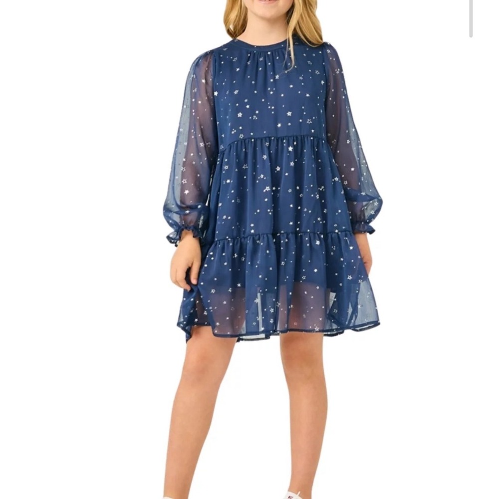Hayden Star Print Dress Girls Large Navy Blue Celestial Tiered Chiffon Party